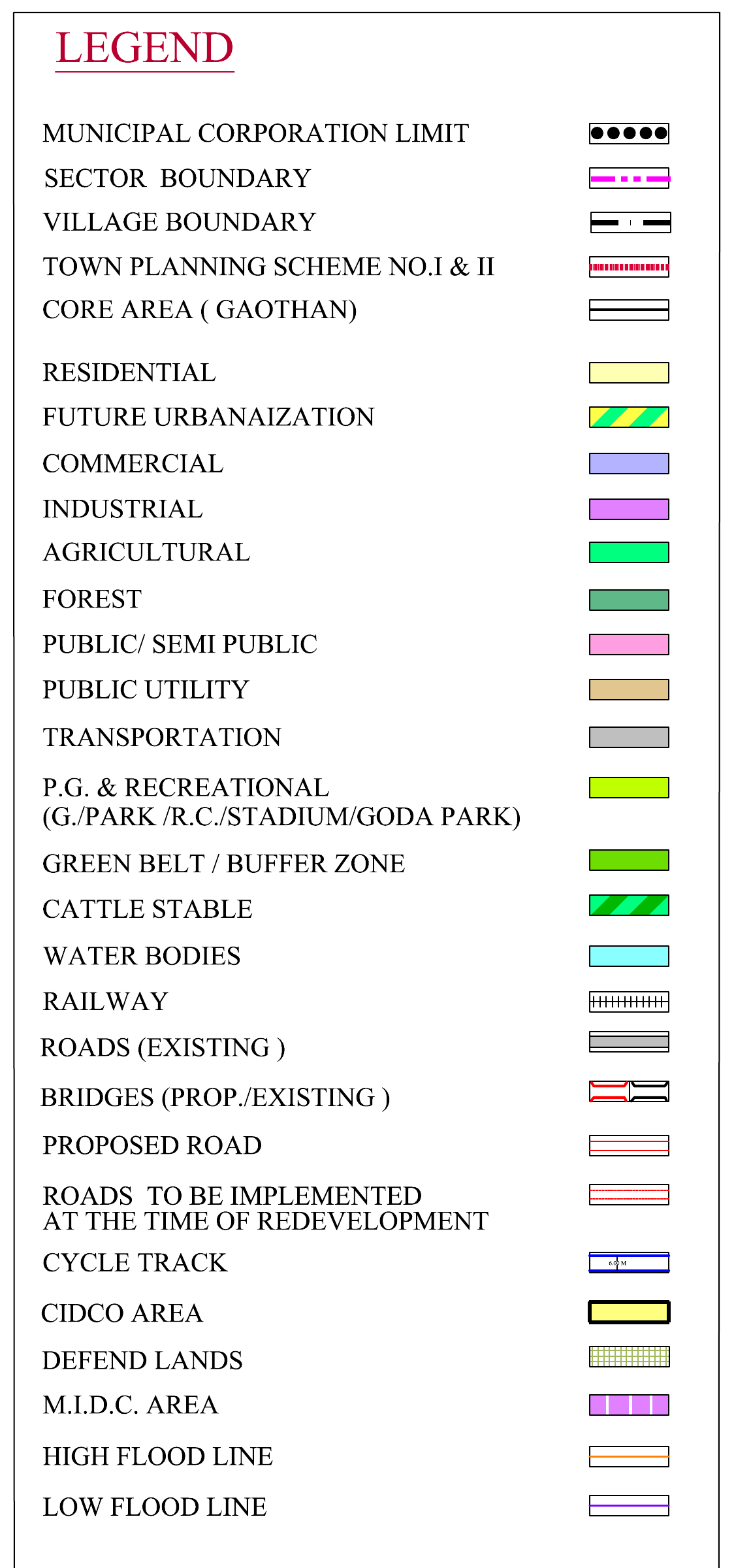 Official legend of the draft revised DP: land use colours and line symbols